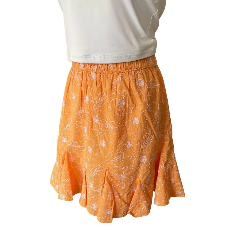 LOFT Garden Tangerine Orange and White Embroidered Godet Skirt Size Small